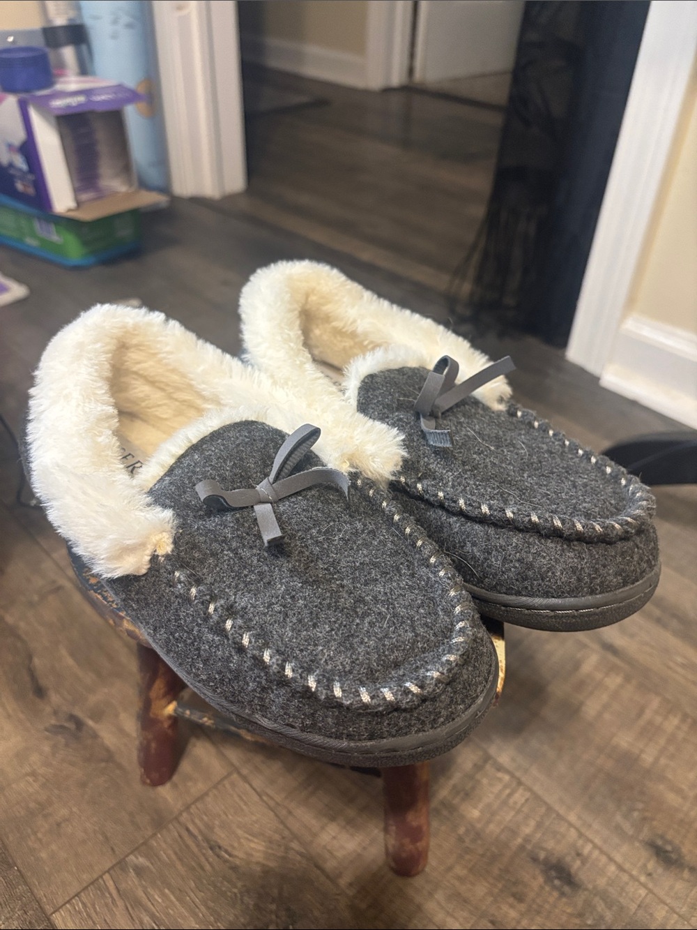 Serra Gray womens Faux-Fur Lined Moccasin Slippers